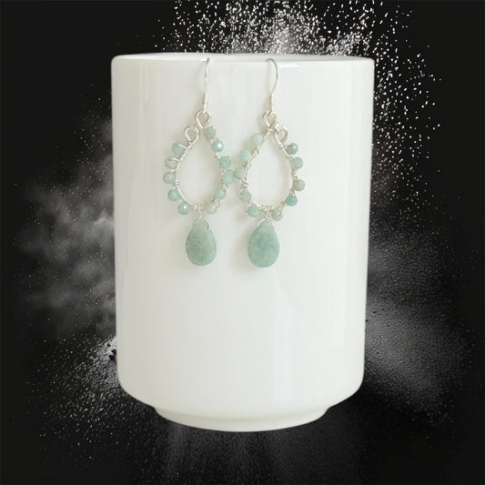 Sterling silver faceted amazonite drop hoop earrings