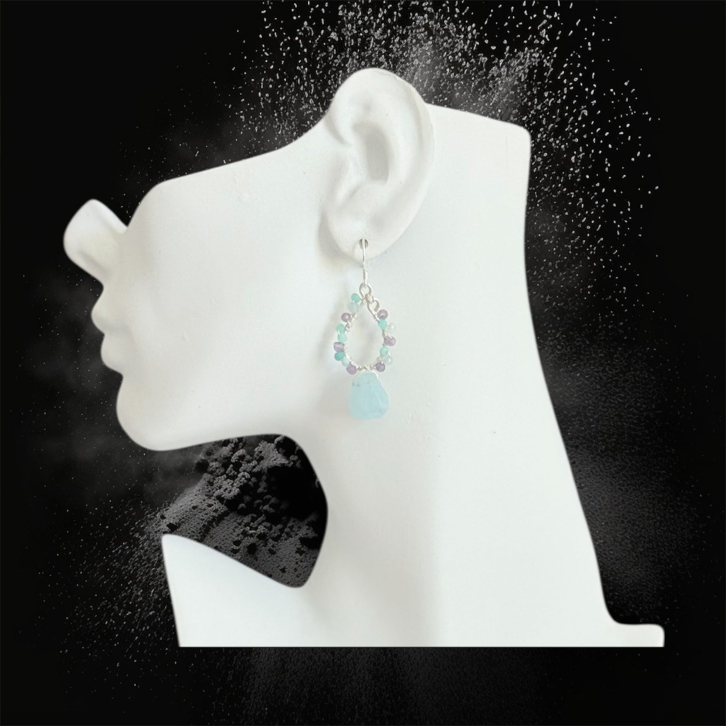 handmade sterling silver chandelier hoop earrings with aquamarine, amazonite and amethyst