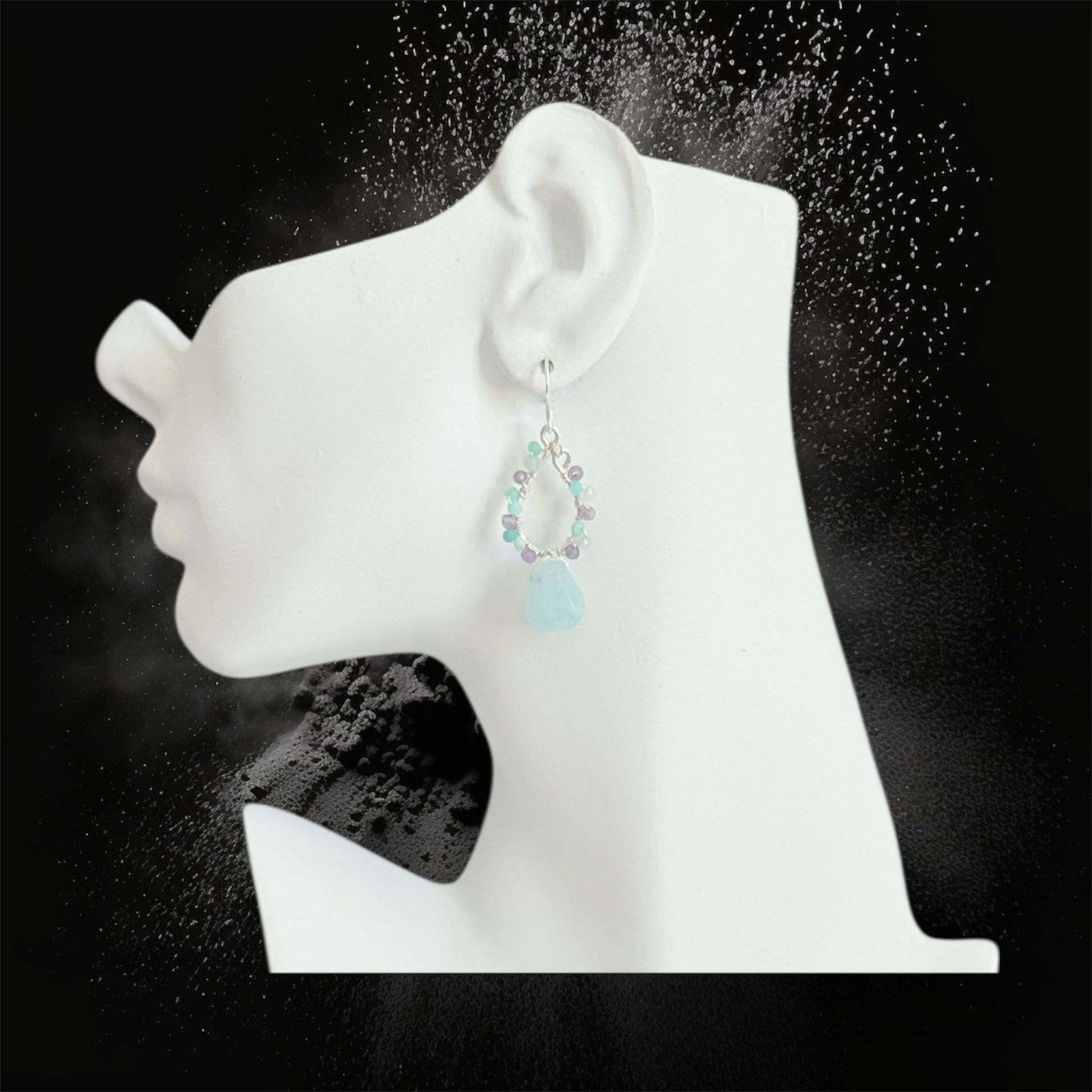 handmade sterling silver chandelier hoop earrings with aquamarine, amazonite and amethyst