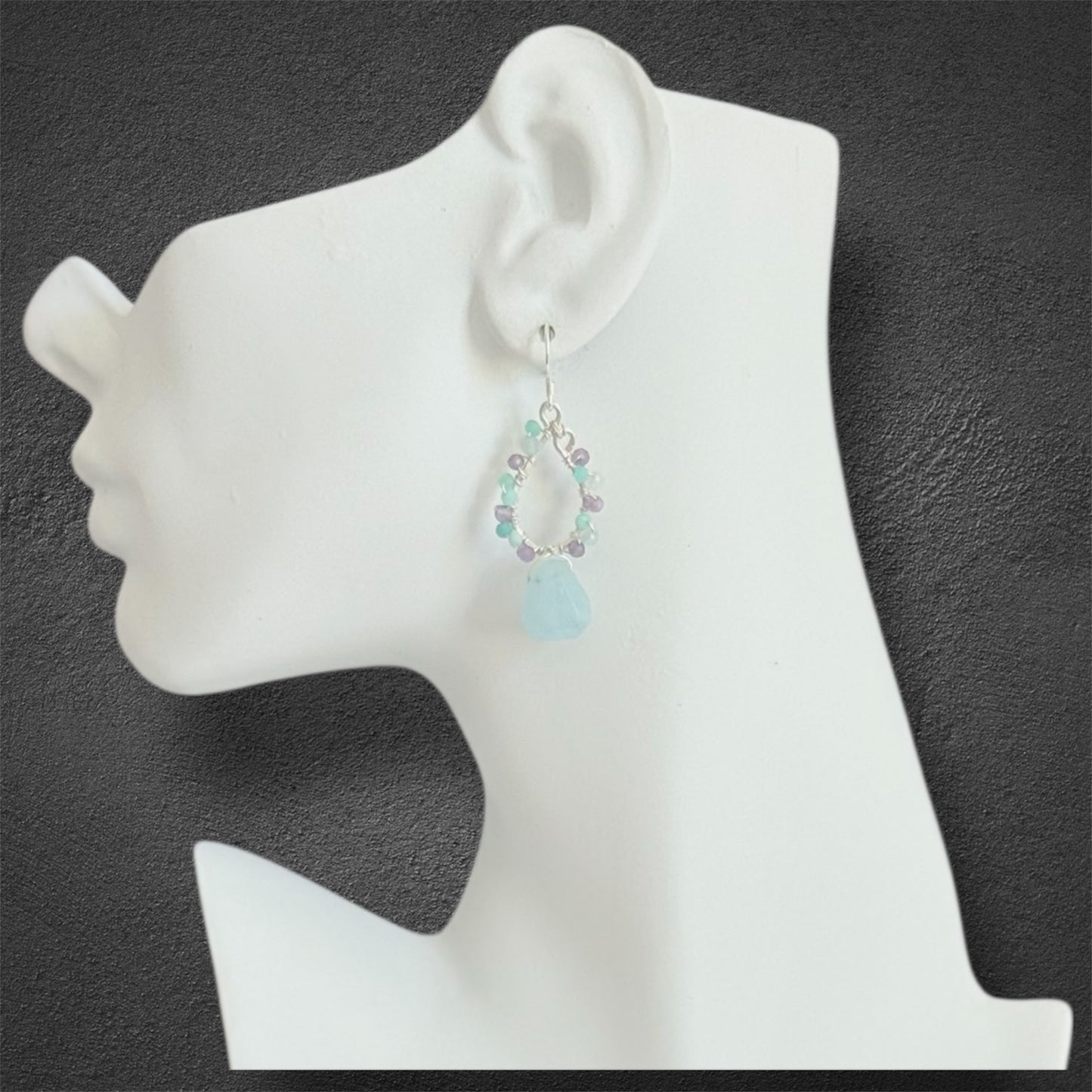 handmade sterling silver chandelier hoop earrings with aquamarine, amazonite and amethyst