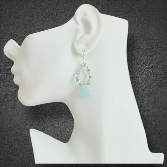 handmade sterling silver chandelier hoop earrings with aquamarine, amazonite and amethyst
