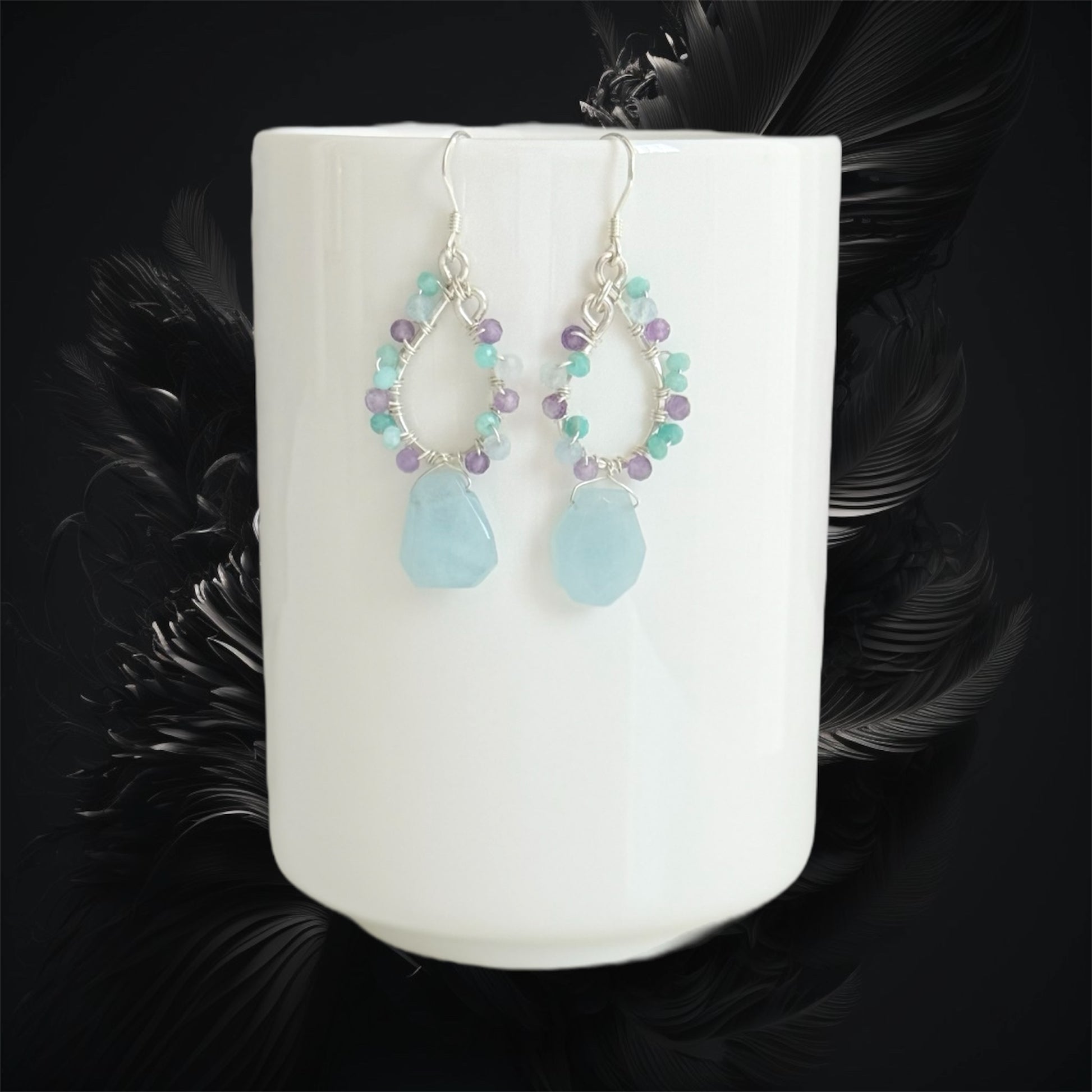 handcrafted sterling silver hoop earrings with beautiful amazonite, aquamarine drops and amethyst faceted gemstones