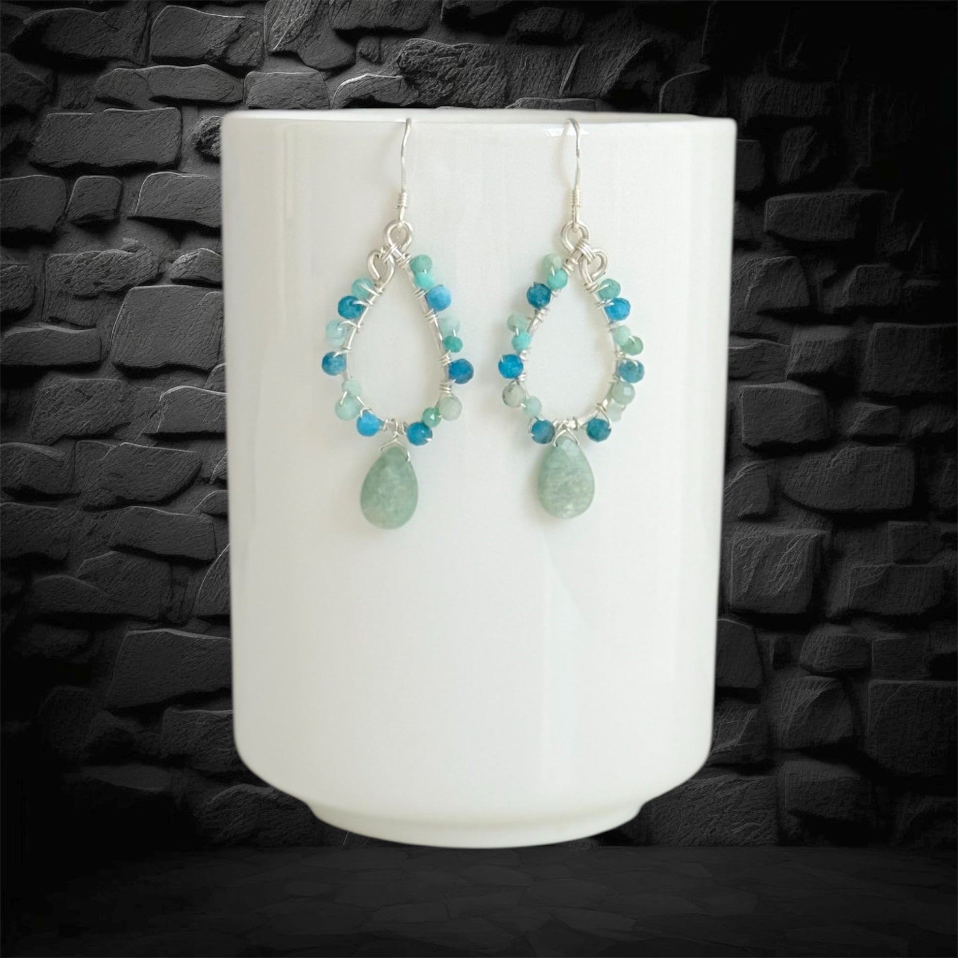 sterling silver handmade earrings with amazonite and apatite semi precious gemstones