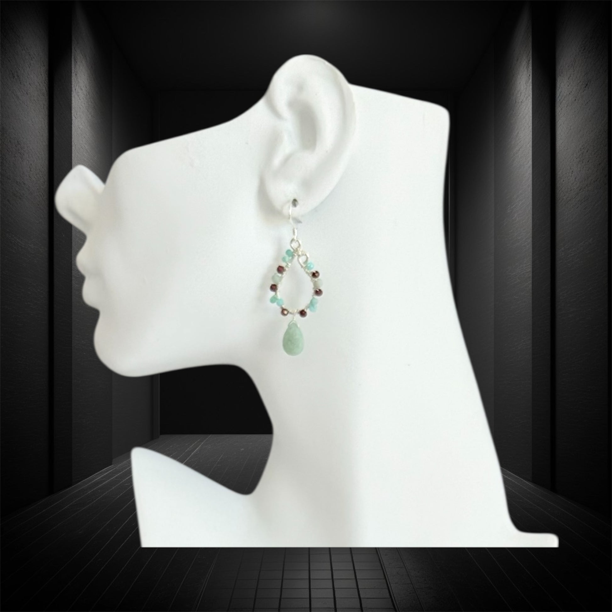 sterling silver, amazonite and garnet hand crafted chandelier earrings