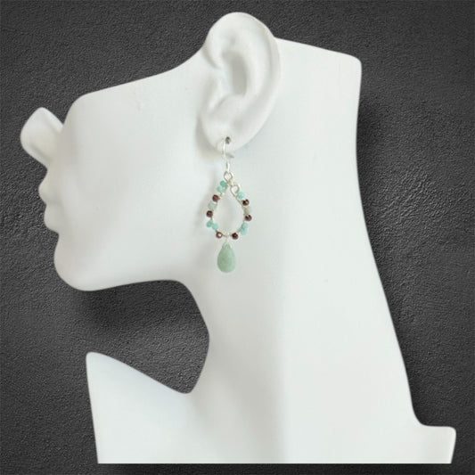 sterling silver, amazonite and garnet hand crafted chandelier earrings