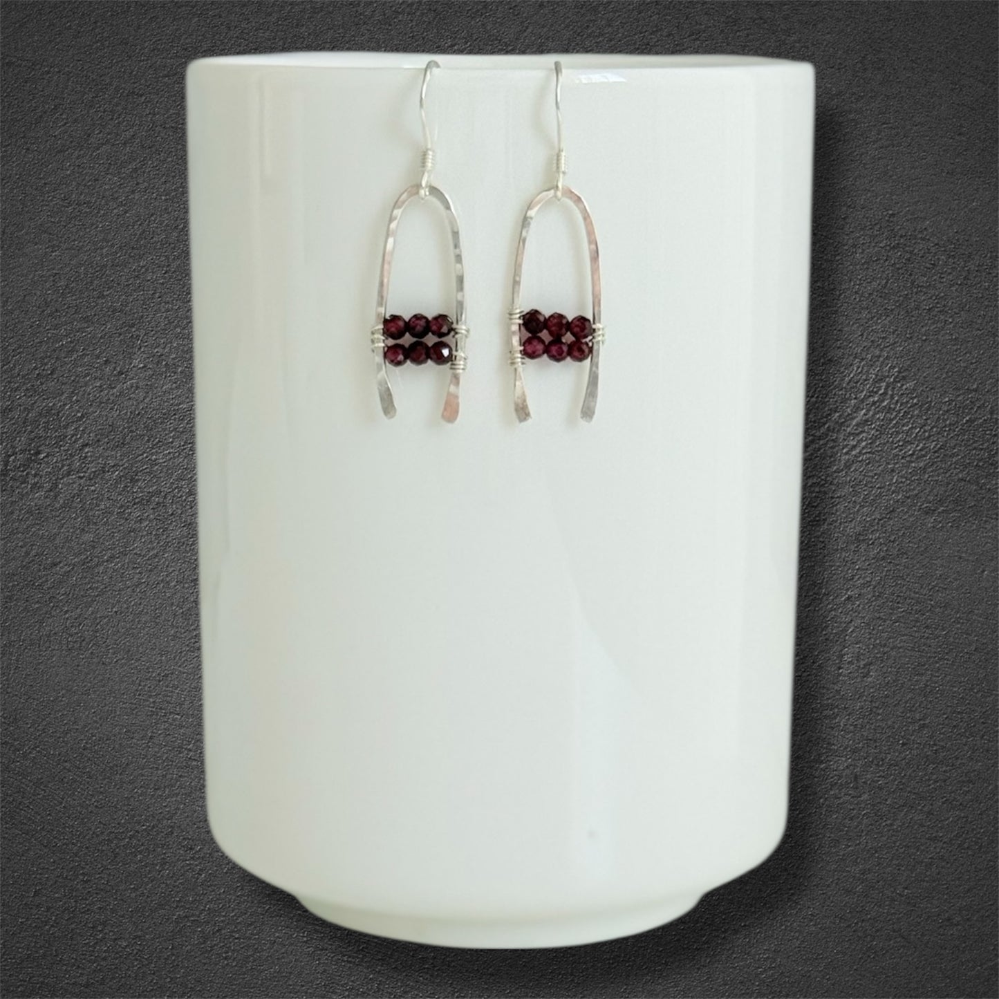 Handmade sterling silver boho drop earrings with faceted red garnet gemstones