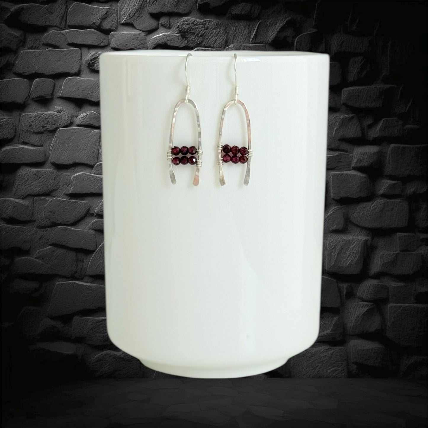 Handmade sterling silver boho drop earrings with faceted red garnet gemstones