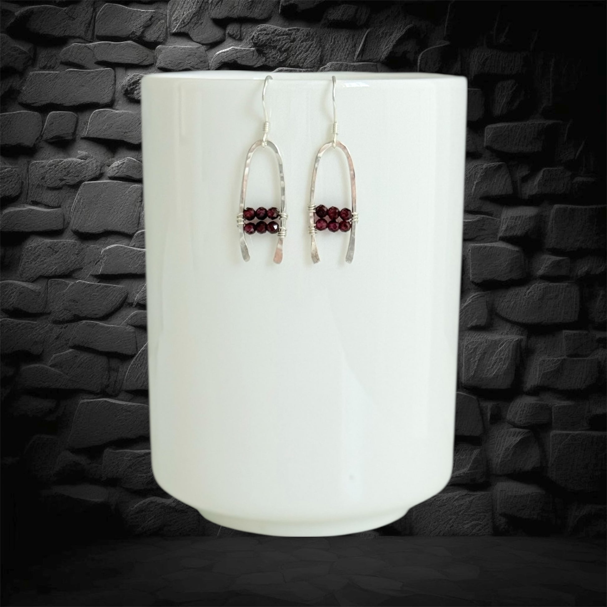 Handmade sterling silver boho drop earrings with faceted red garnet gemstones