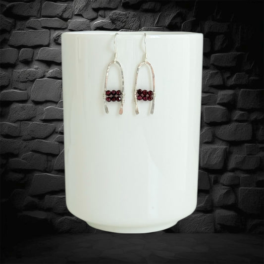 Handmade sterling silver boho drop earrings with faceted red garnet gemstones