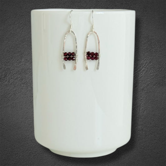 Handmade sterling silver boho drop earrings with faceted red garnet gemstones