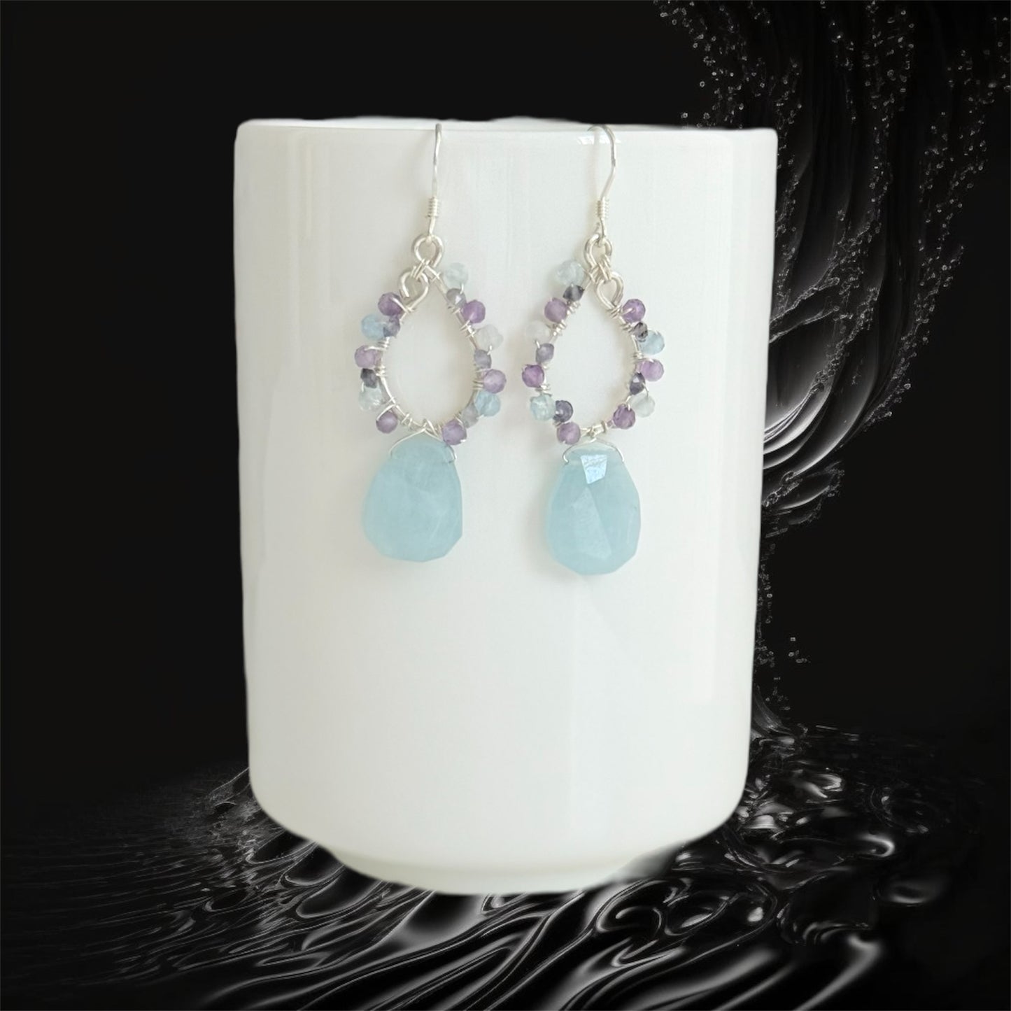 handcrafted sterling silver chandelier hoops with aquamarine drop, amethyst and iolite