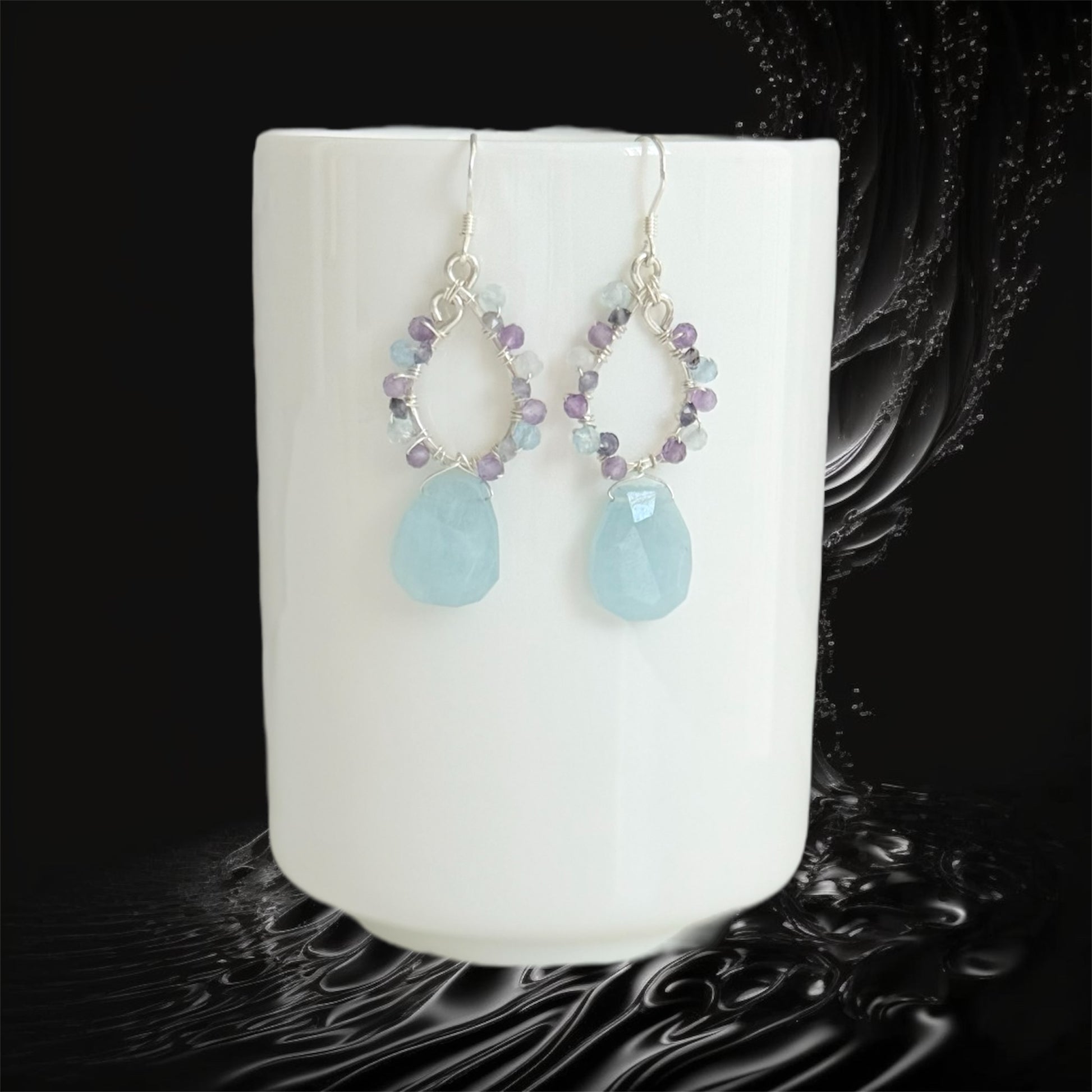 handcrafted sterling silver chandelier hoops with aquamarine drop, amethyst and iolite