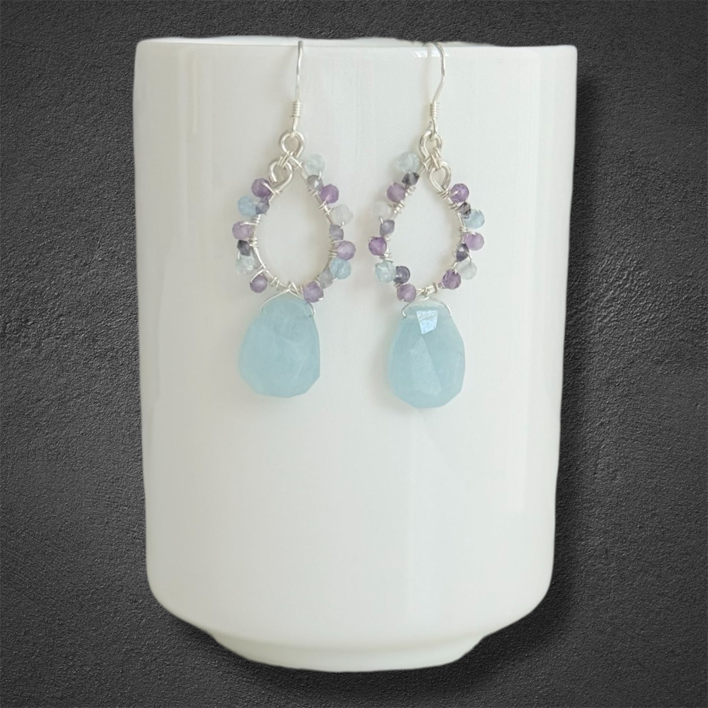 handcrafted sterling silver chandelier hoops with aquamarine drop, amethyst and iolite