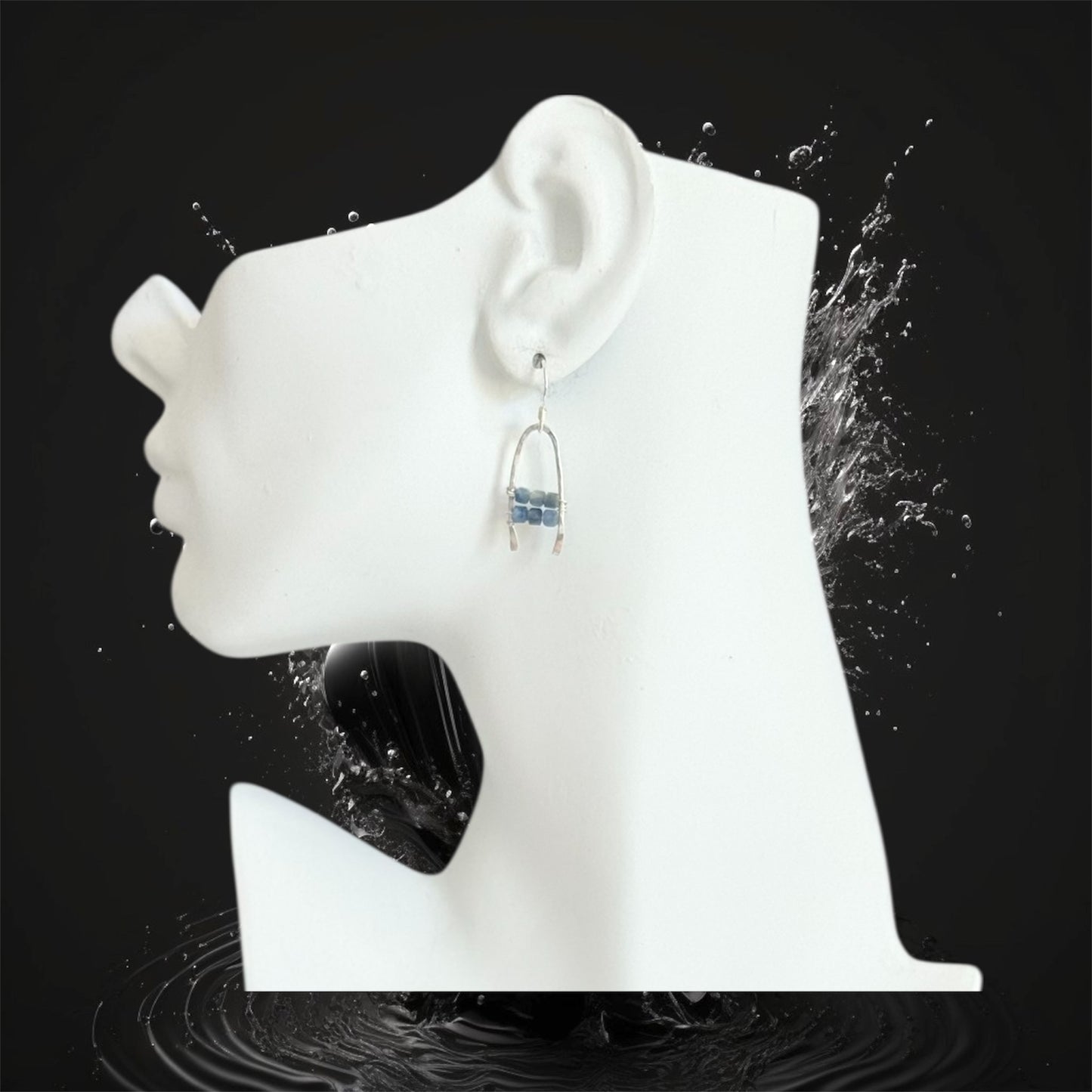 Sterling silver lucky horseshoe statement boho earrings with faceted blue kyanite