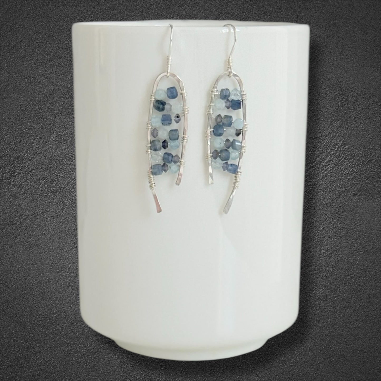 Sterling silver drop handmade earrings with faceted cut iolite, kyanite and aquamarine gemstones