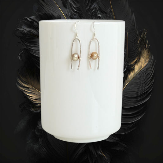 Handmade silver drop earrings with genuine tan/sand fresh water cultured pearls