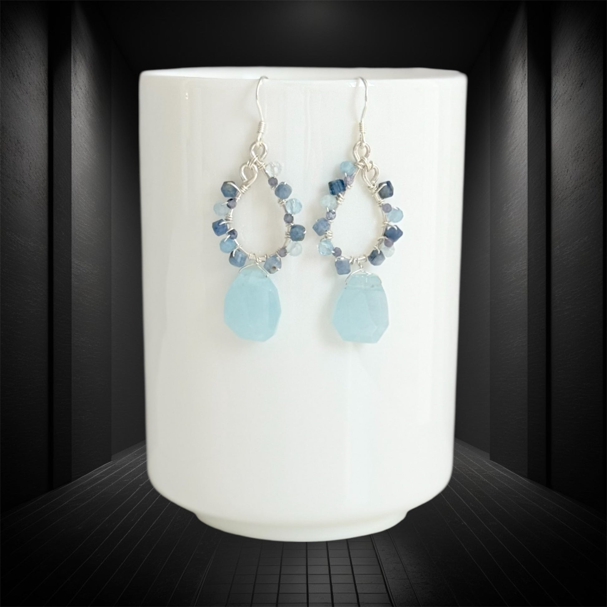 sterling silver earrings with aquamarine, kyanite and tanzanite gemstones in teardrop design