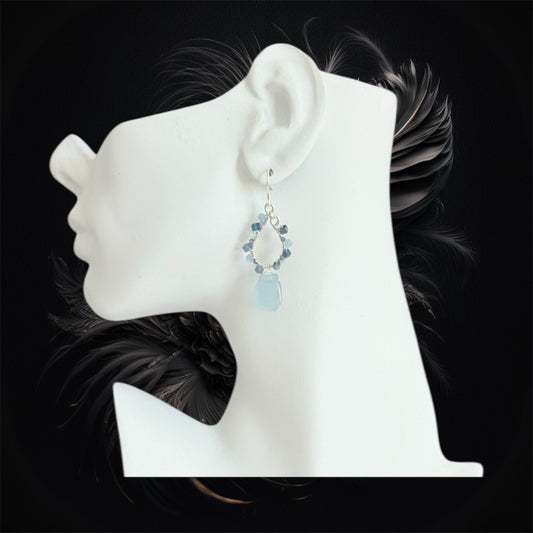 Elegant sterling silver teardrop earrings featuring aquamarine, kyanite and tanzanite gemstones, handmade design