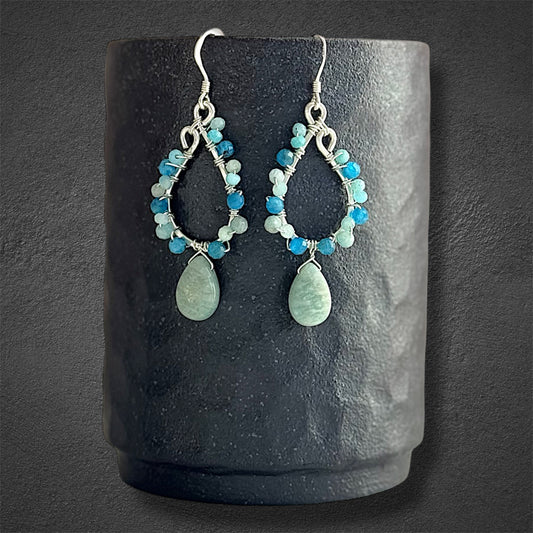 sterling silver handmade earrings with amazonite and apatite semi precious gemstones