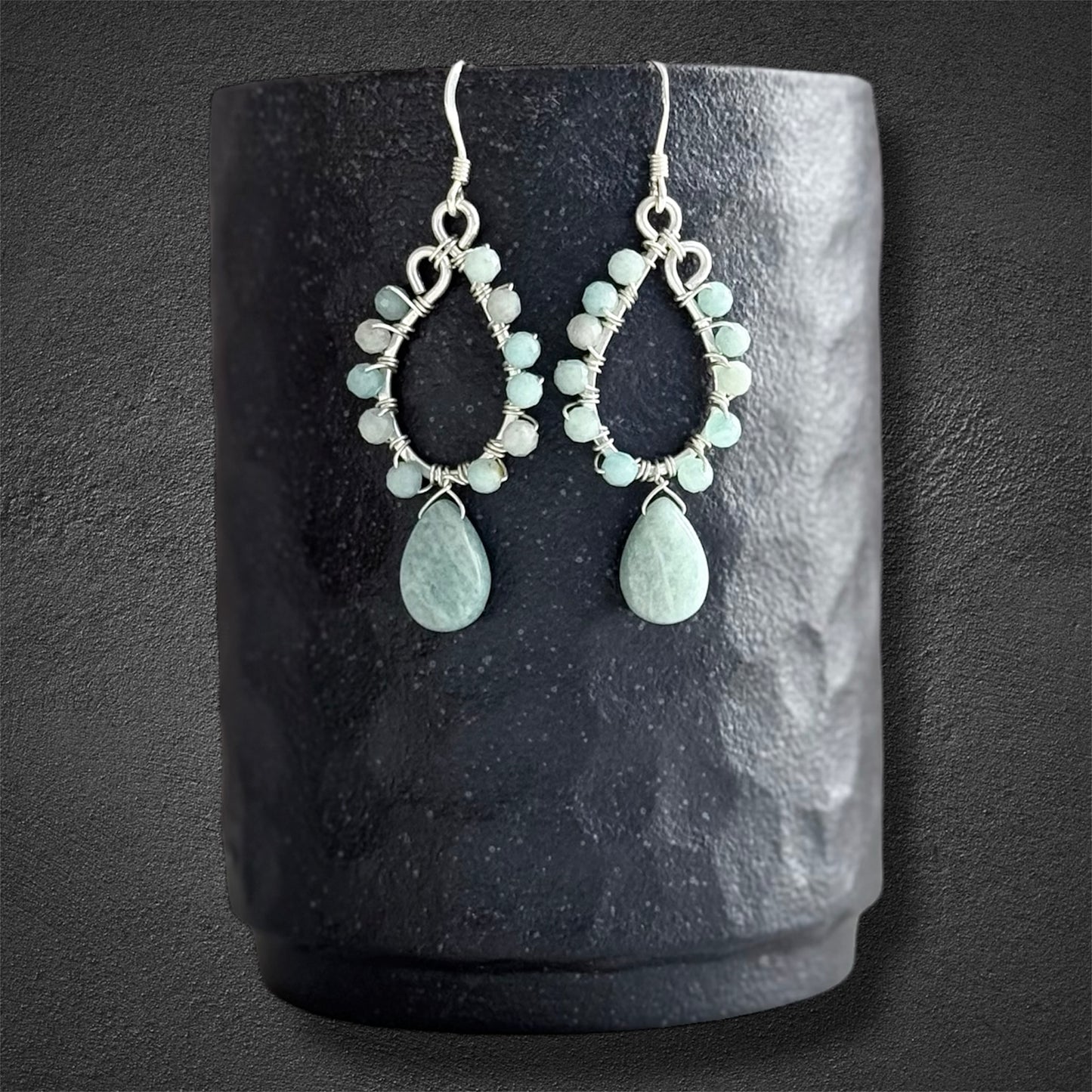 Sterling silver faceted amazonite drop hoop earrings 