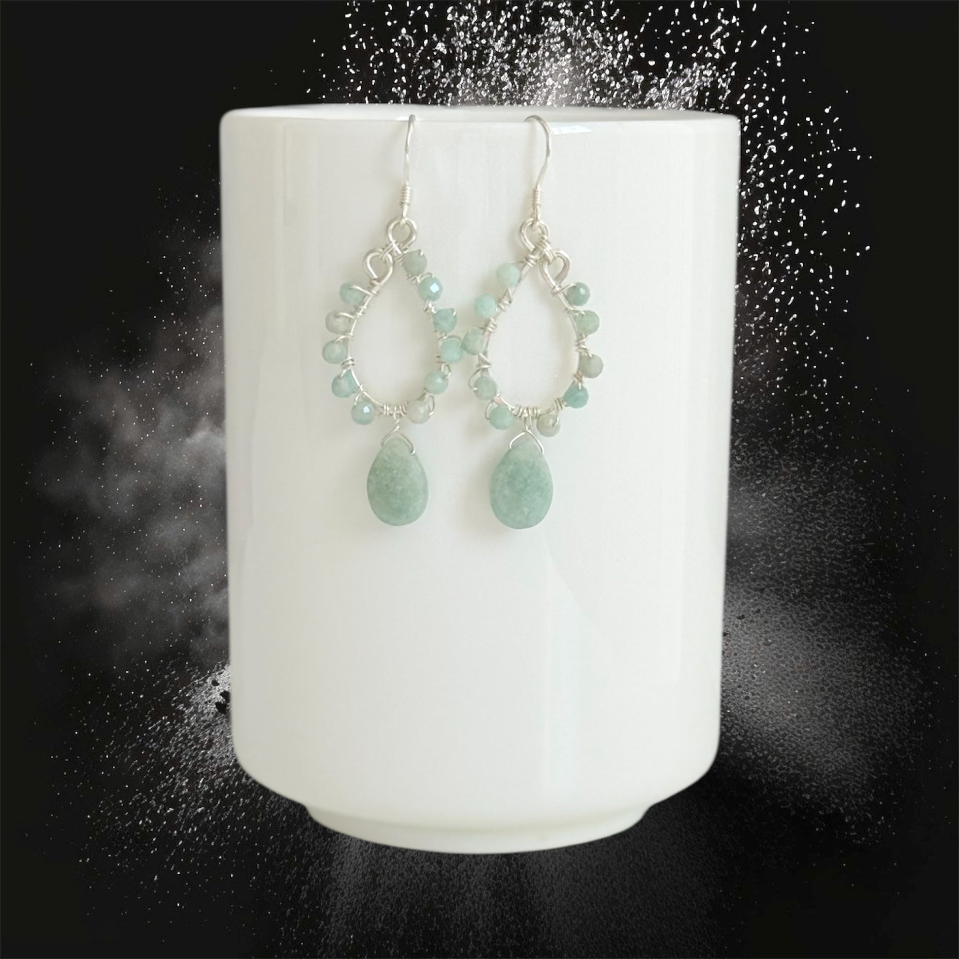 Sterling silver faceted amazonite drop hoop earrings 