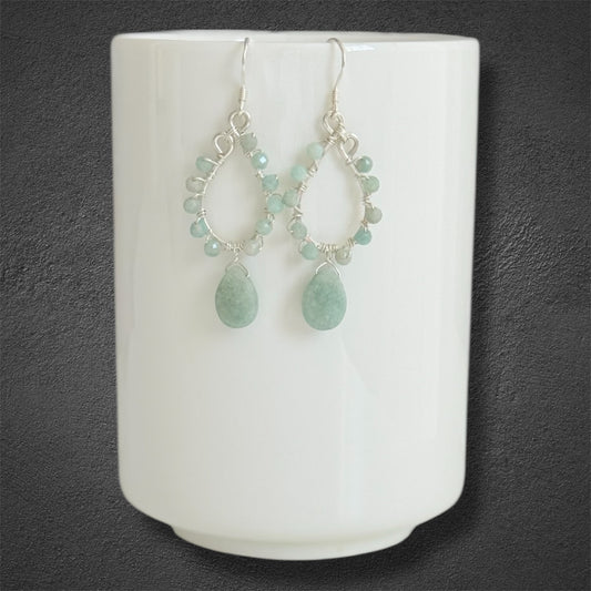Sterling silver faceted amazonite drop hoop earrings 