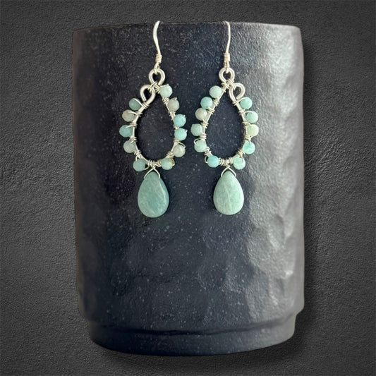 Sterling silver faceted amazonite drop hoop earrings 