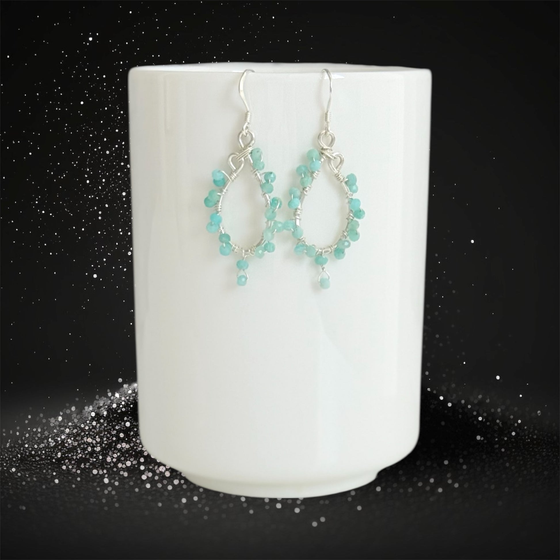 Sterling silver hoops with amazonite gems