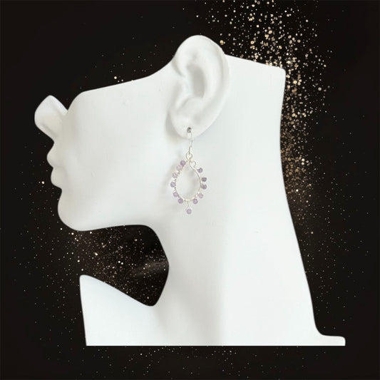 Boho handcrafted drop earrings with amethyst natural semi precious stones and sterling silver