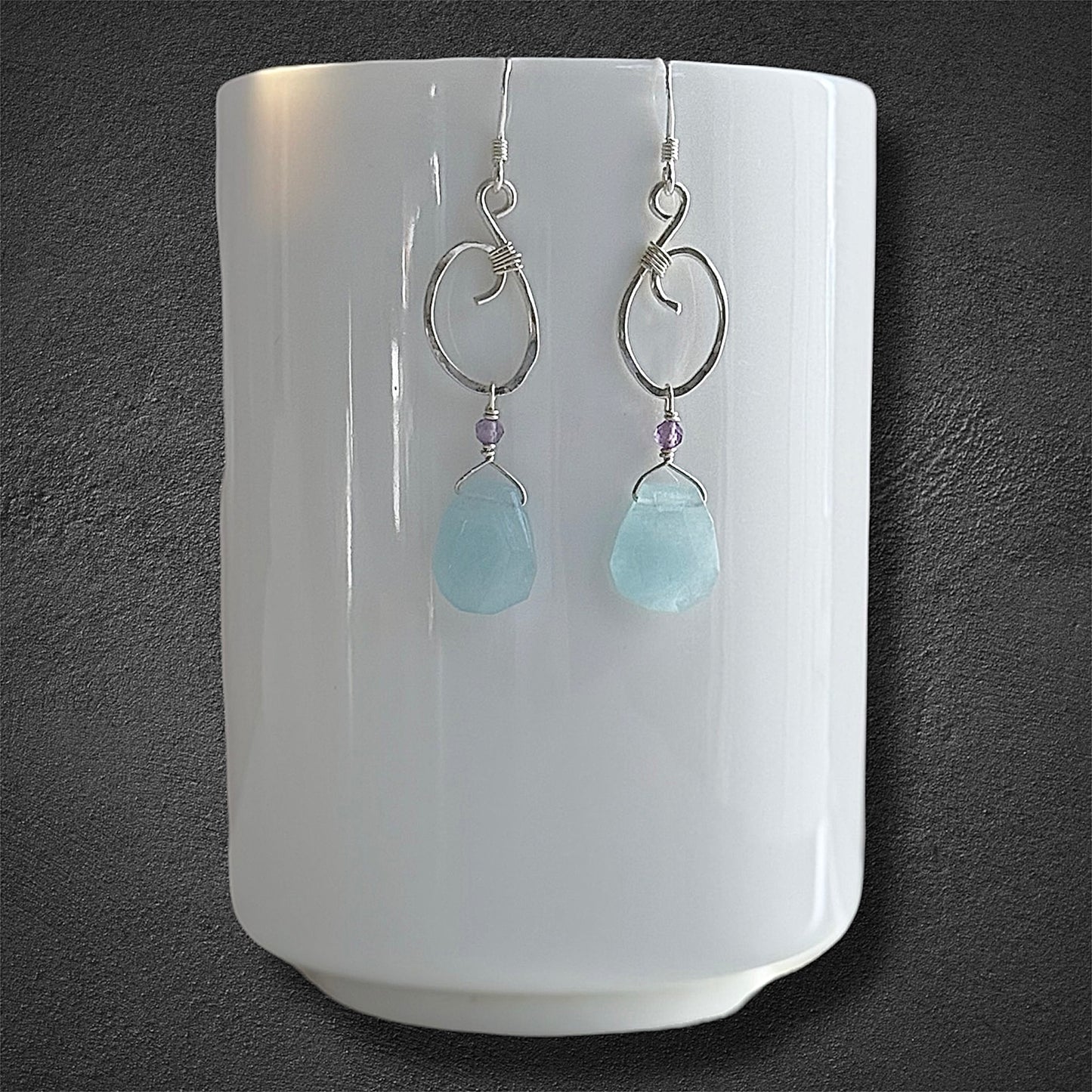 Handmade boho earrings with aquamarine and amethyst sterling silver 