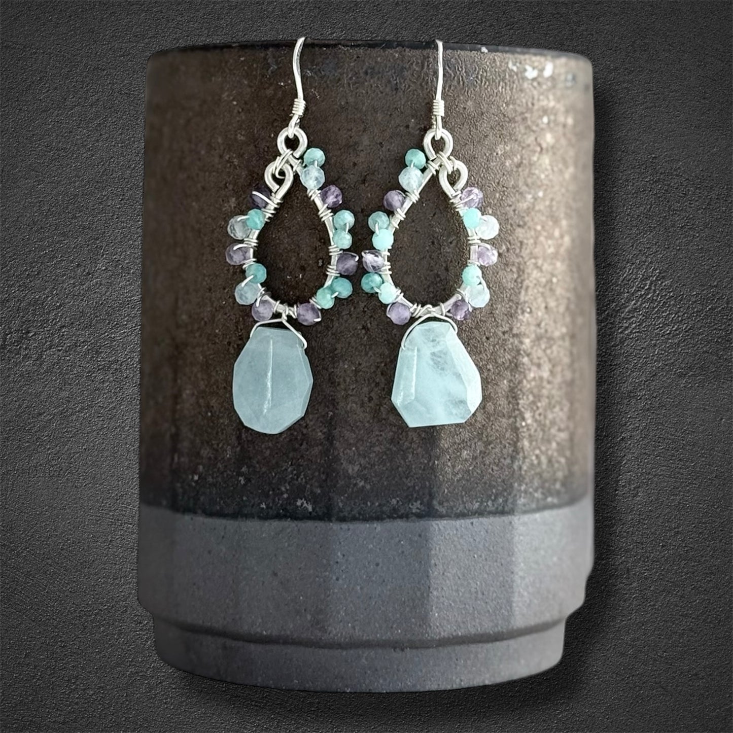 handcrafted sterling silver hoop earrings with beautiful amazonite, aquamarine drops and amethyst faceted gemstones