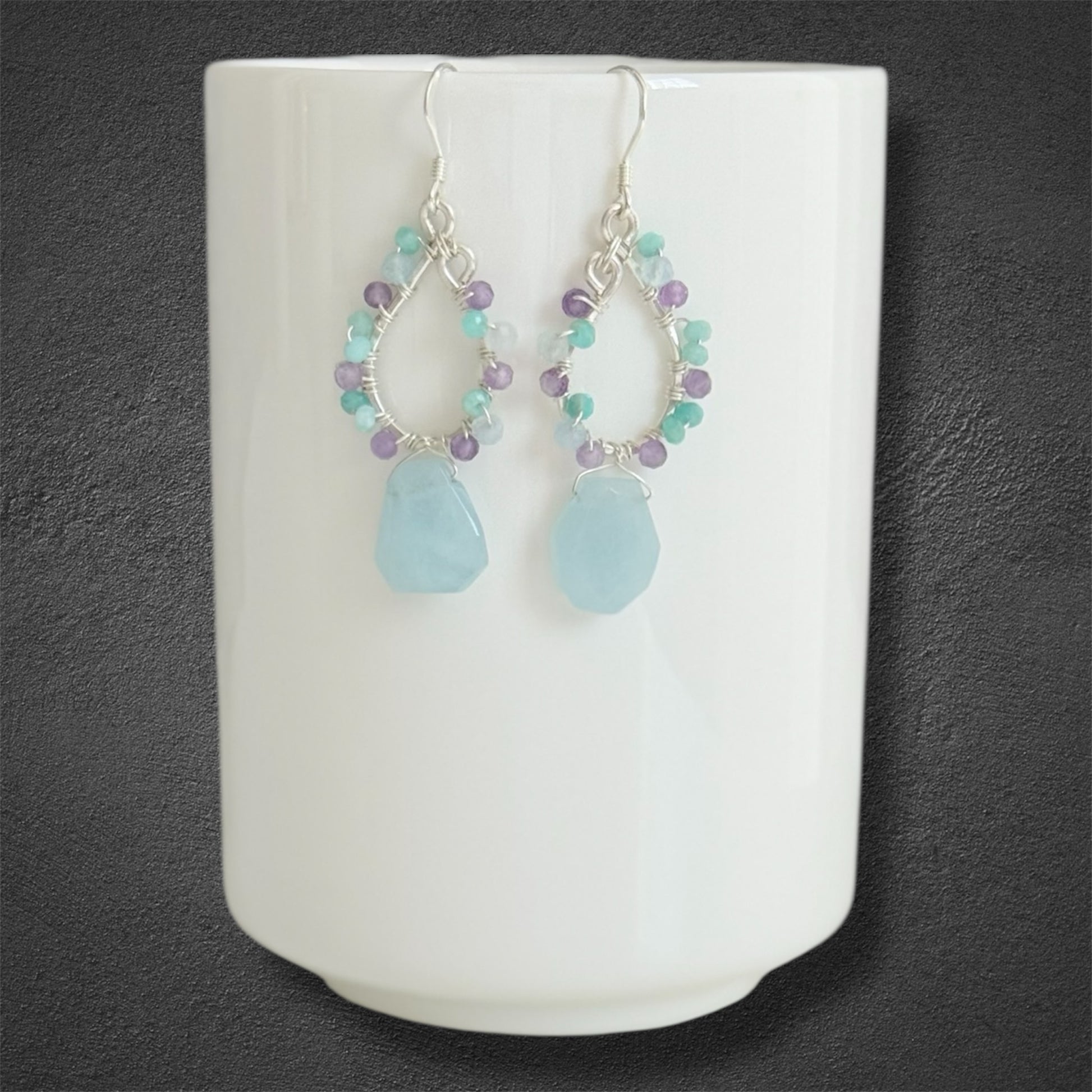 handcrafted sterling silver hoop earrings with beautiful amazonite, aquamarine drops and amethyst faceted gemstones