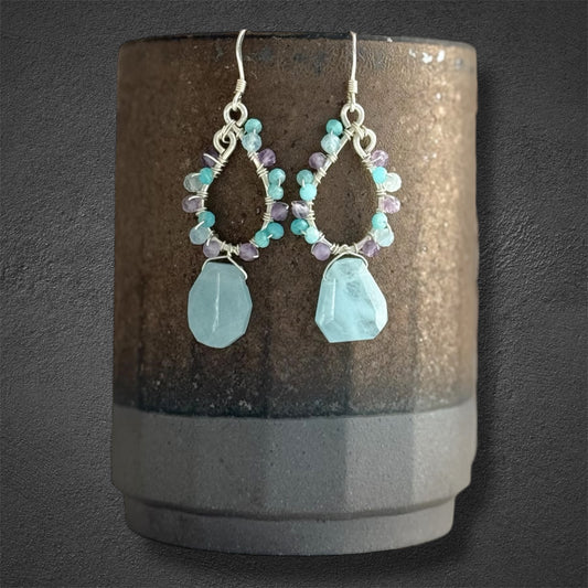 handcrafted sterling silver hoop earrings with beautiful amazonite, aquamarine drops and amethyst faceted gemstones