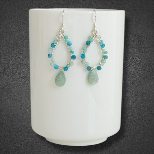 sterling silver handmade earrings with amazonite and apatite semi precious gemstones