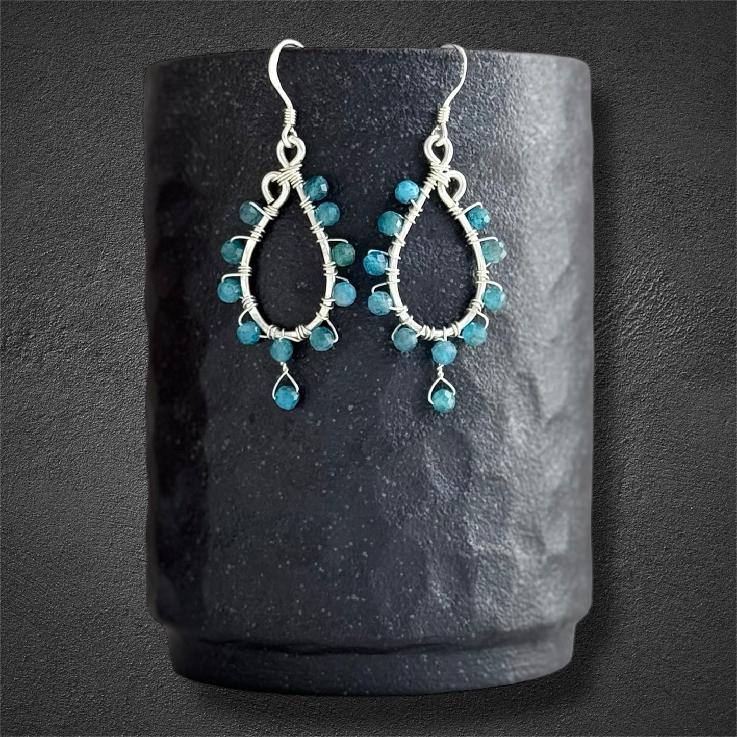 Handmade sterling silver chandelier earring with small faceted blue apatite gemstones