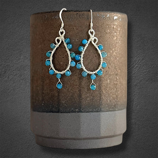 Handmade sterling silver chandelier earring with small faceted blue apatite gemstones
