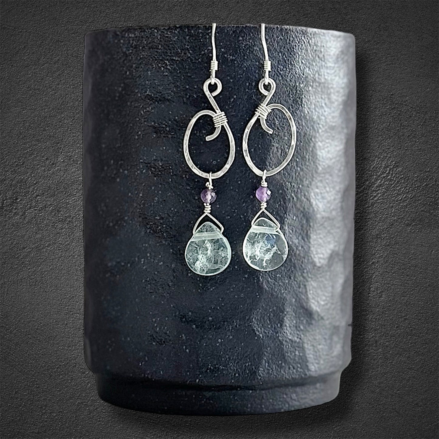 Handmade boho earrings with sterling silver fluorite and amethyst gemstones 