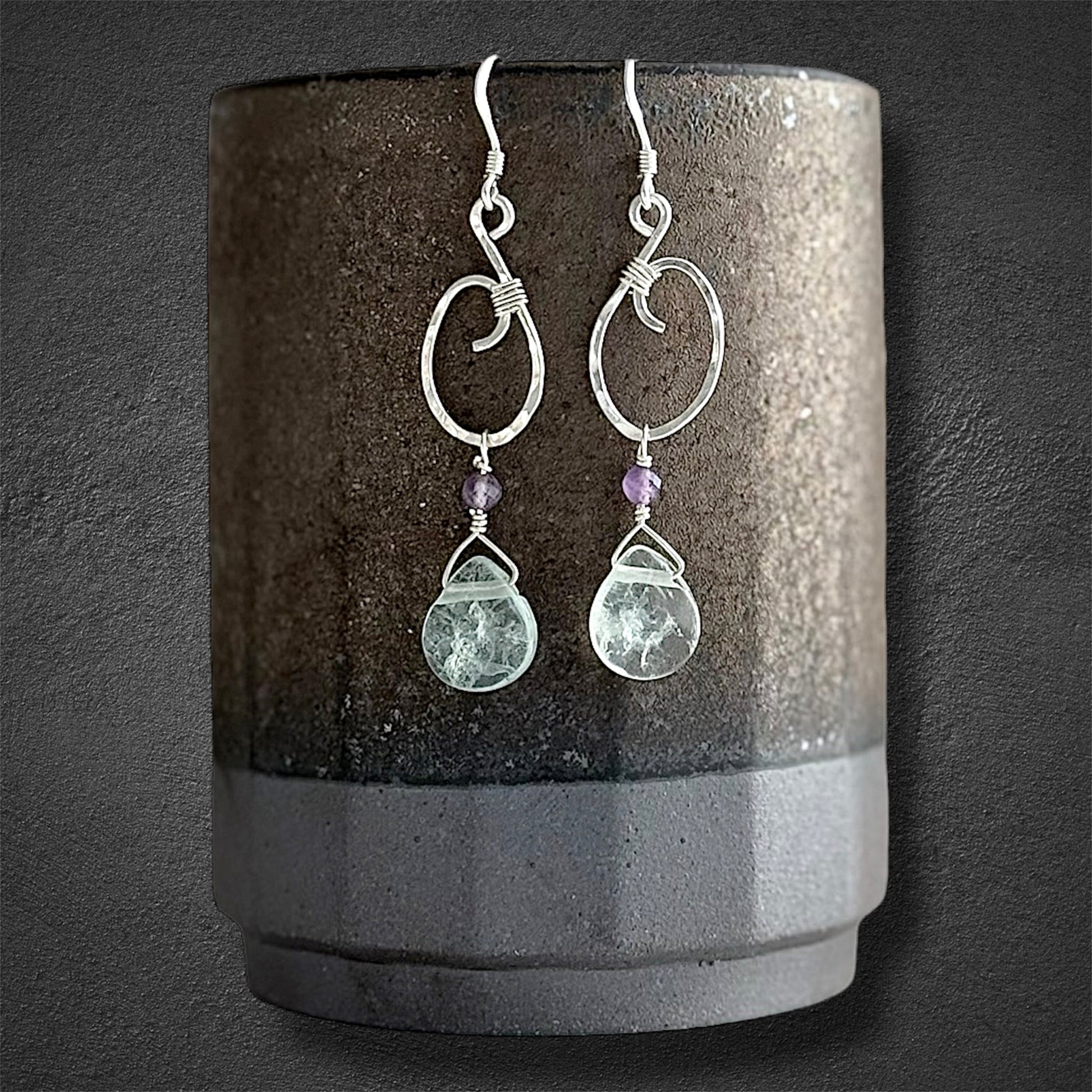 Handcrafted sterling silver artisanal earrings with green fluorite and amethyst 