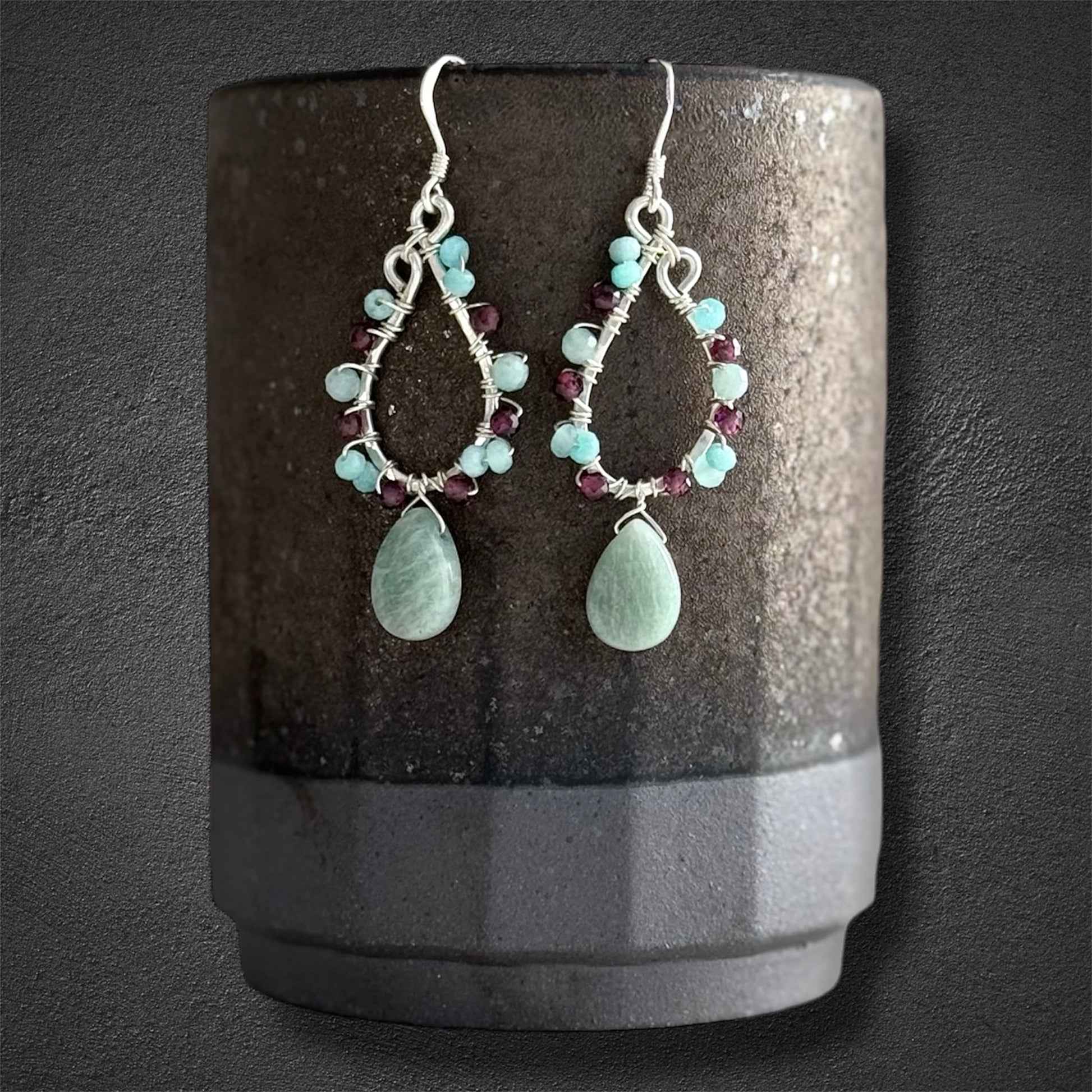 Sterling silver statement earrings with natural red garnet and amazonite