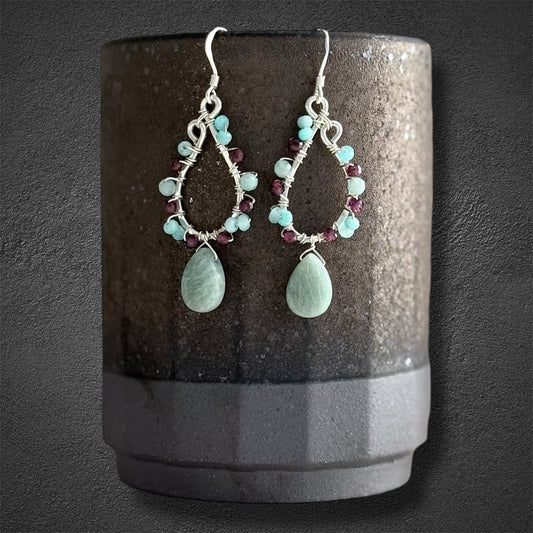 Sterling silver statement earrings with natural red garnet and amazonite