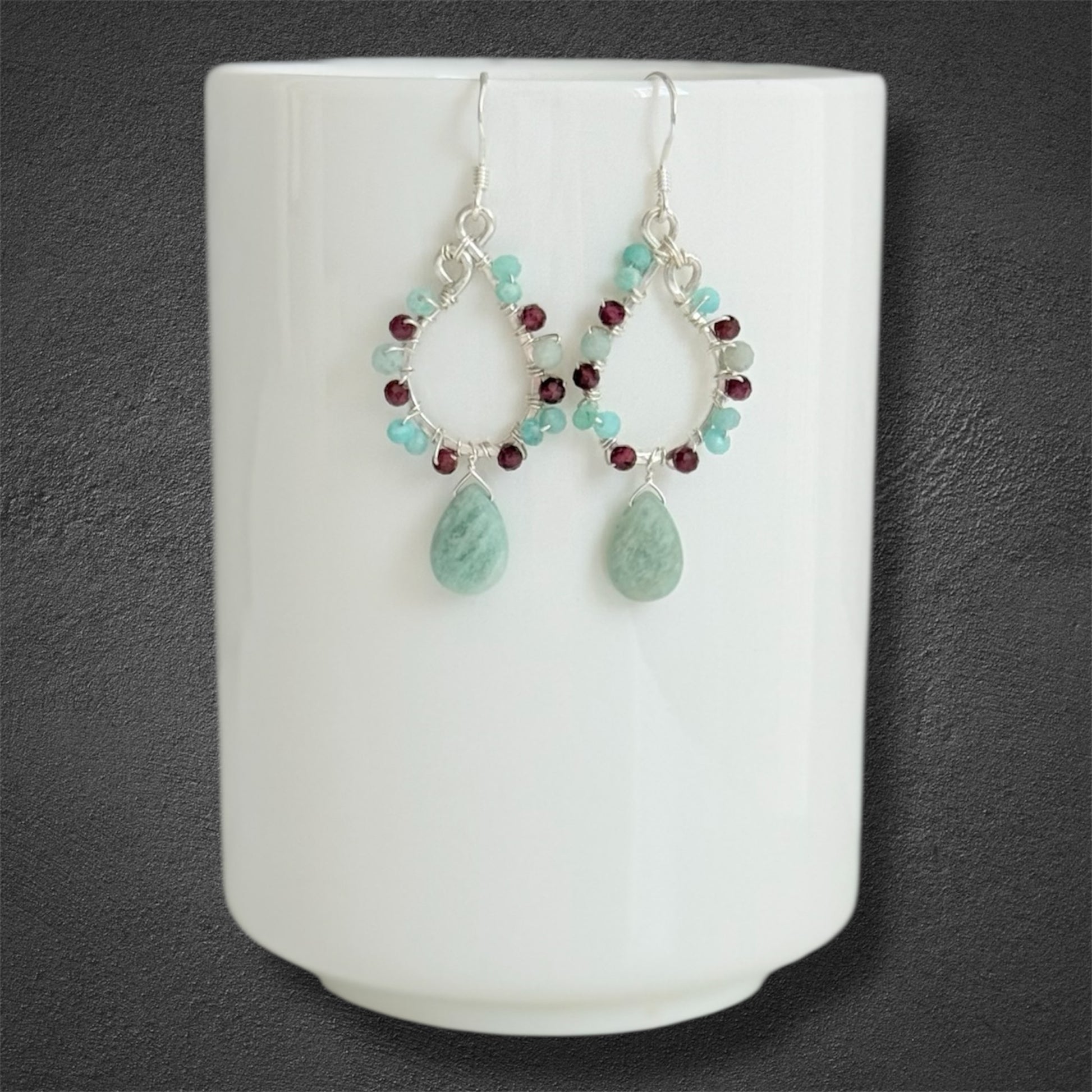 silver statement earrings with natural red garnet and amazonite