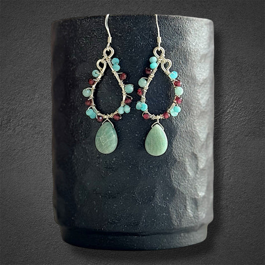 Sterling silver statement earrings with natural red garnet and amazonite