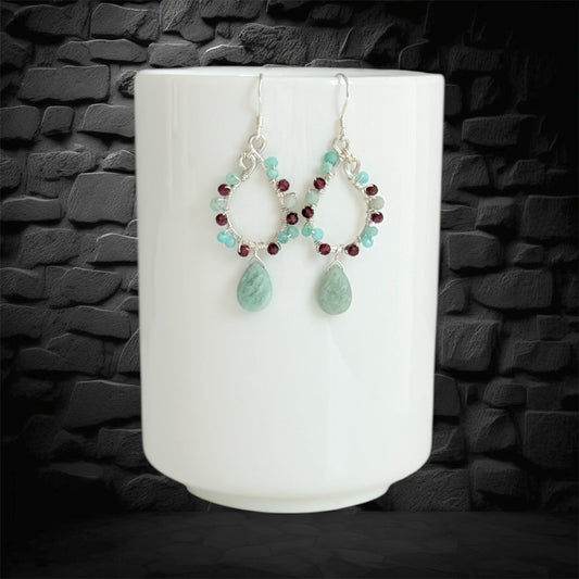 silver statement earrings with natural red garnet and amazonite