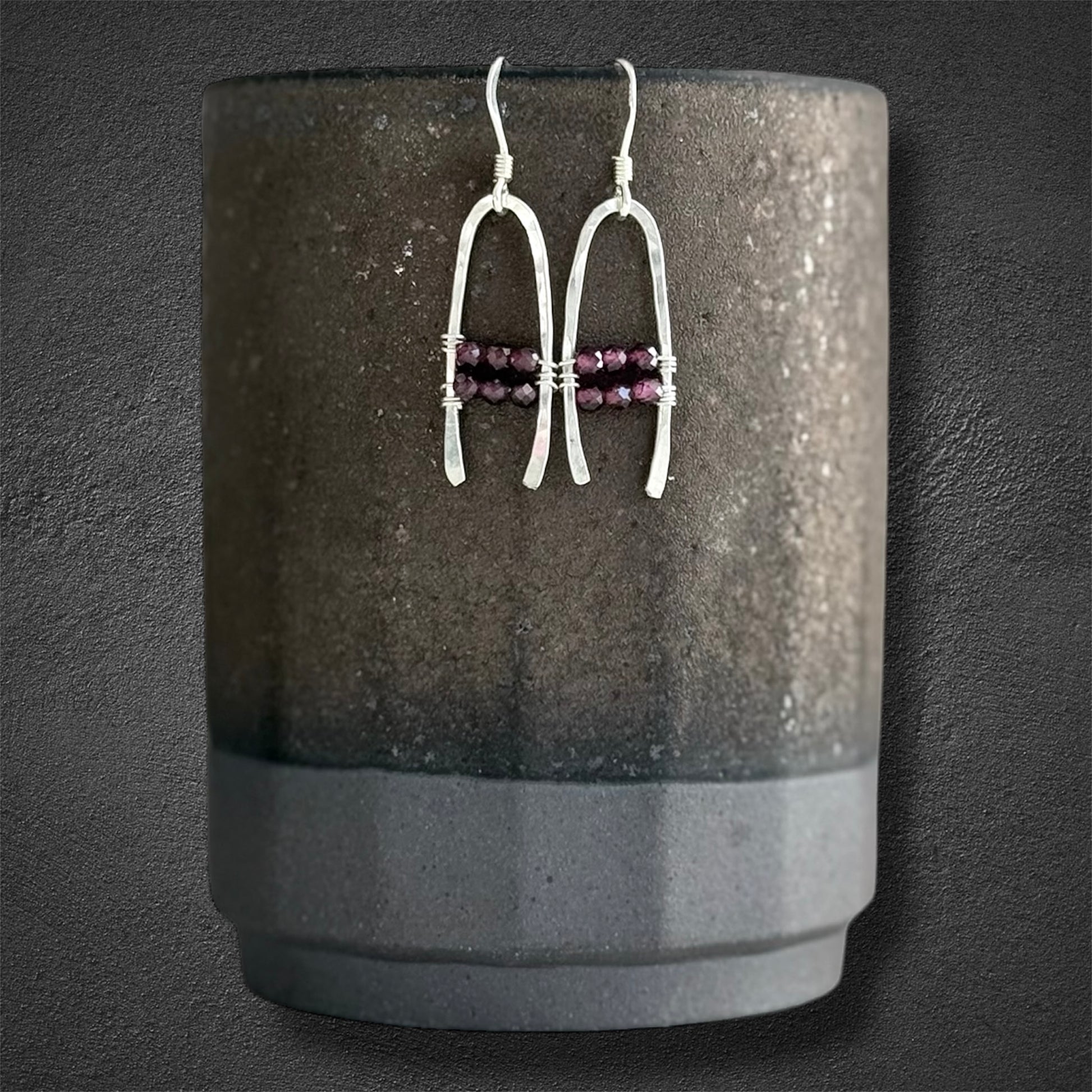 Handmade sterling silver boho drop earrings with faceted red garnet gemstones