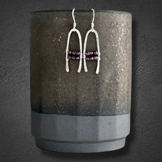 Handmade sterling silver boho drop earrings with faceted red garnet gemstones