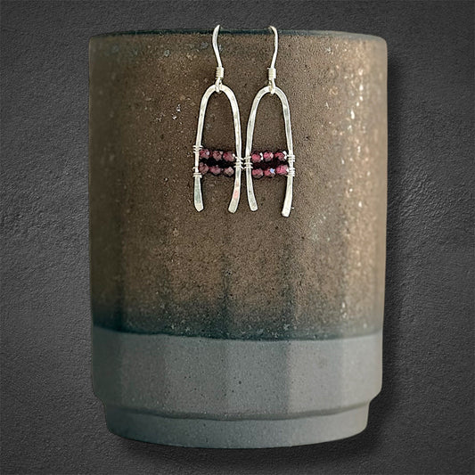 Handmade sterling silver boho drop earrings with faceted red garnet gemstones