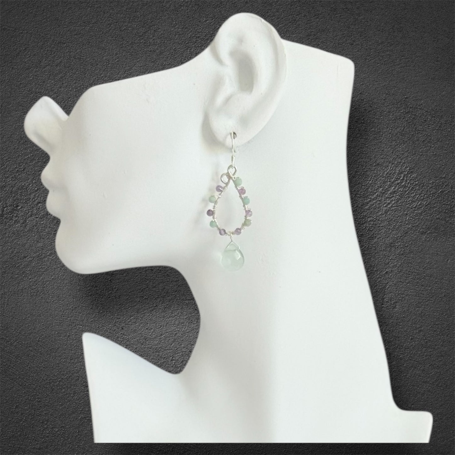 sterling silver earrings made with faceted amethyst and amazonite gemstones, accented with green fluorite