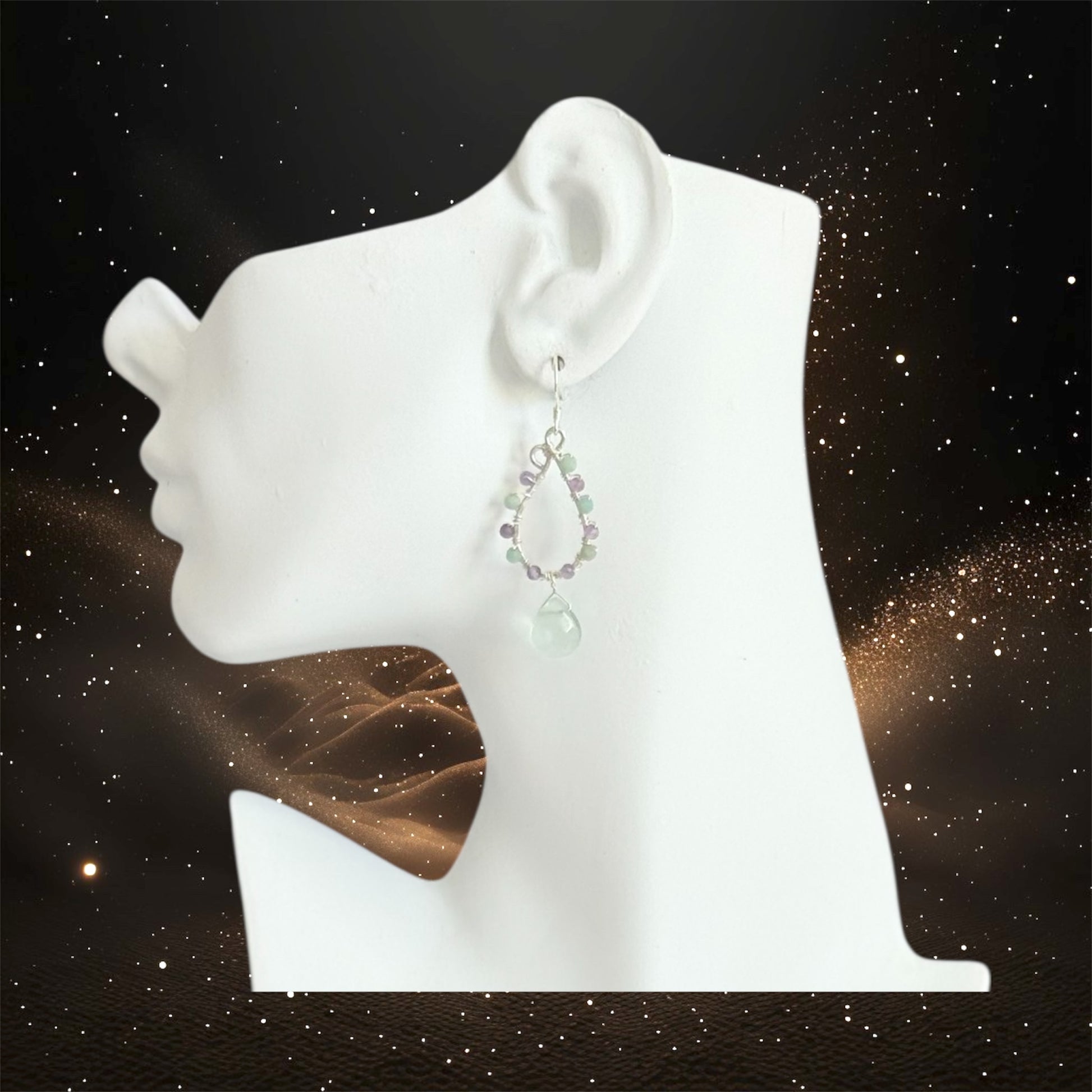 sterling silver earrings made with faceted amethyst and amazonite gemstones, accented with green fluorite