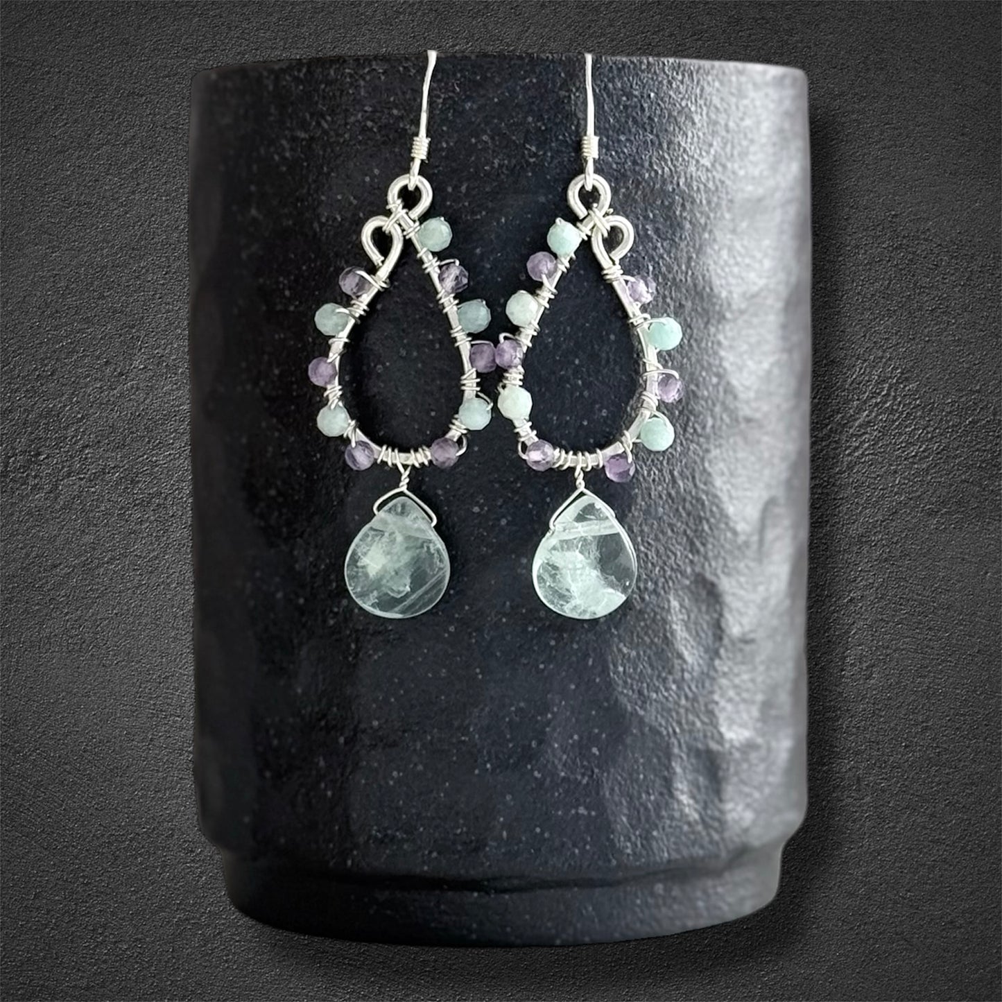sterling silver earrings made with faceted amethyst and amazonite gemstones, accented with green fluorite