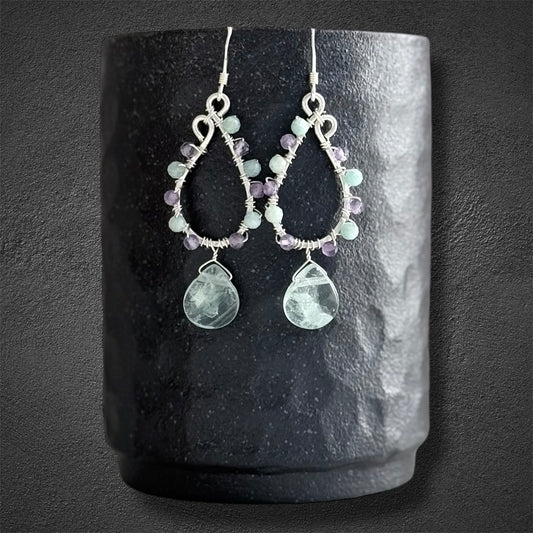 sterling silver earrings made with faceted amethyst and amazonite gemstones, accented with green fluorite